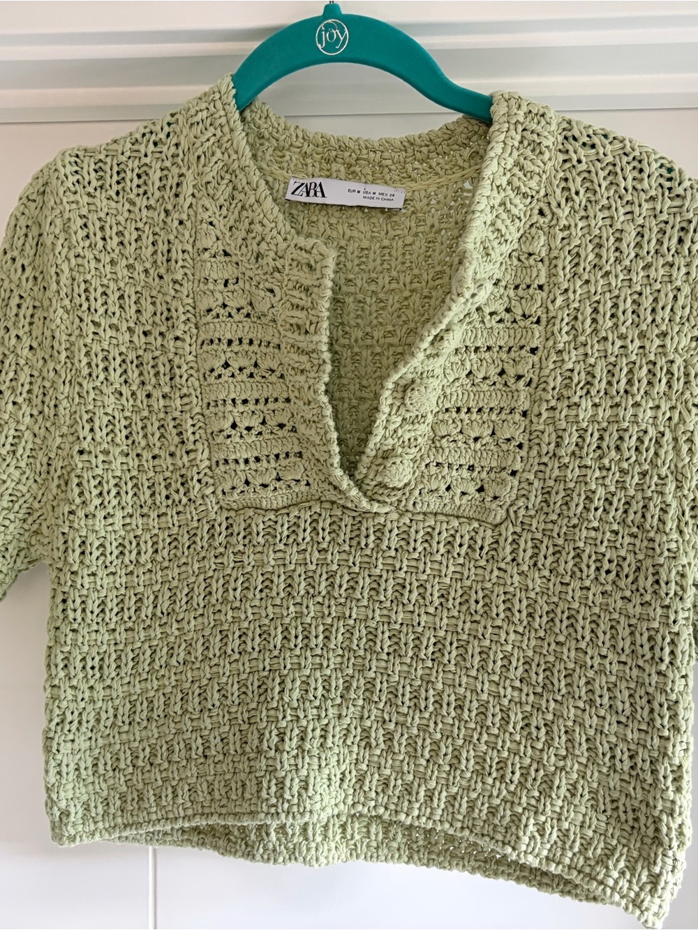 Zara Light Green Crochet V-Neck Pullover Sweater